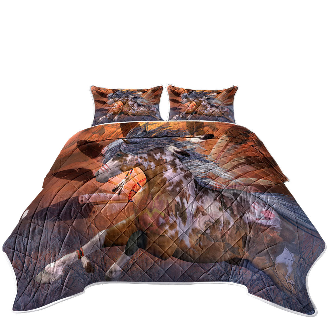 Native American Art White Spots Brown Pinto Horse King Size Quilt