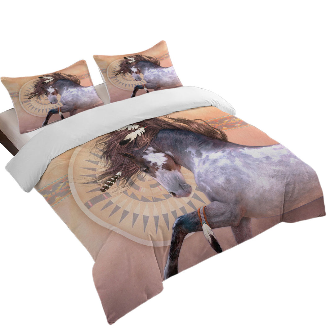 Native American Spirit White Black Pinto Horse King Quilt Cover