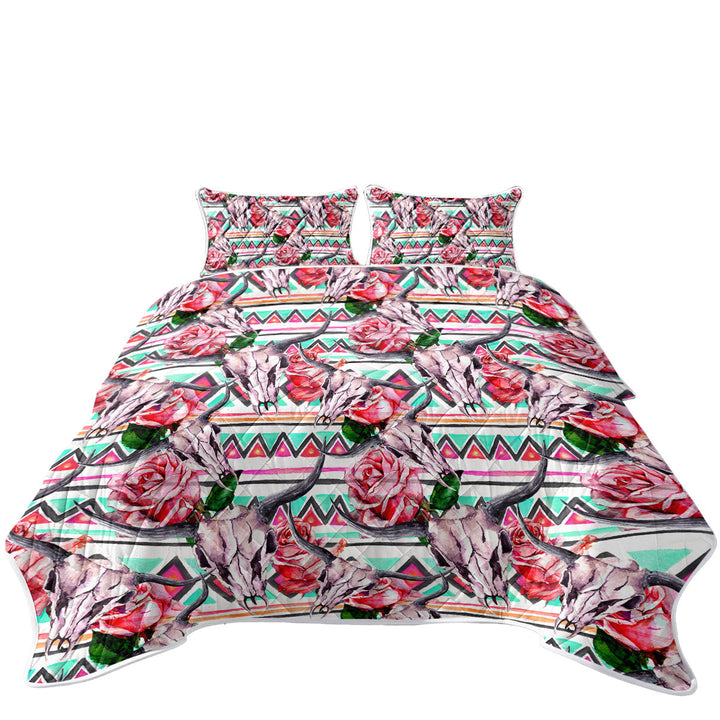 Native Roses Bull Skull California King Quilt Sets