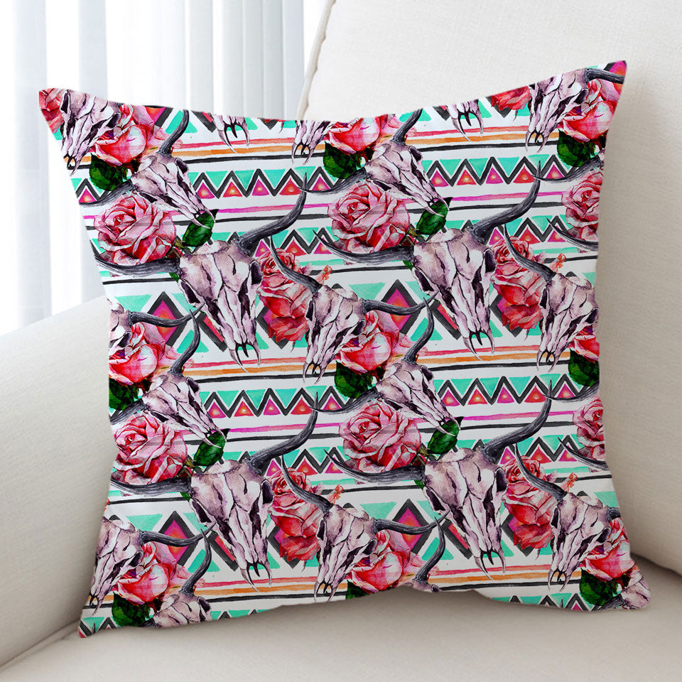 Native Roses Bull Skull Cushion Covers