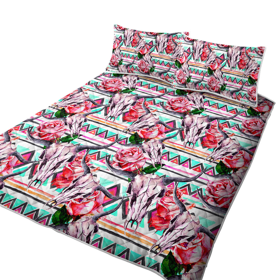 Native Roses Bull Skull King Size Quilt Sets