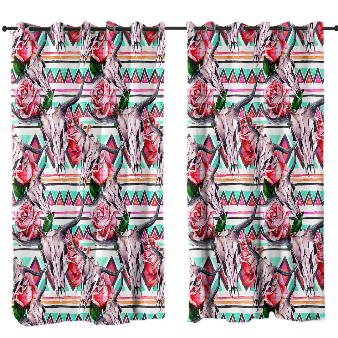 Native Roses Bull Skull Window Curtains
