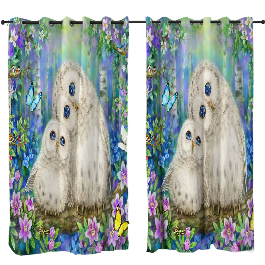 Nature Art Morning Breeze Flowers and Owls Curtains