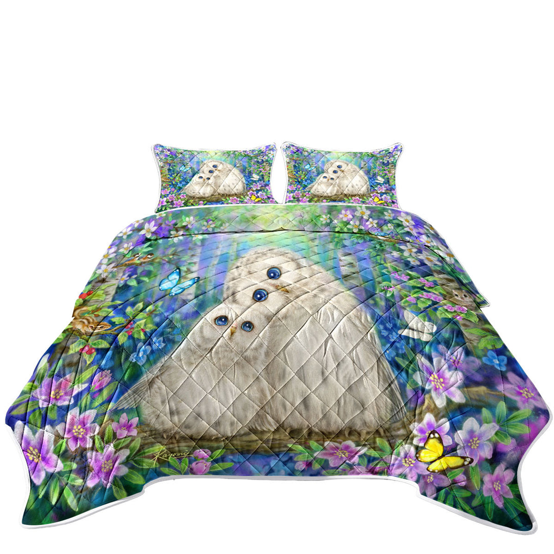 Nature Art Morning Breeze Flowers and Owls King Quilt