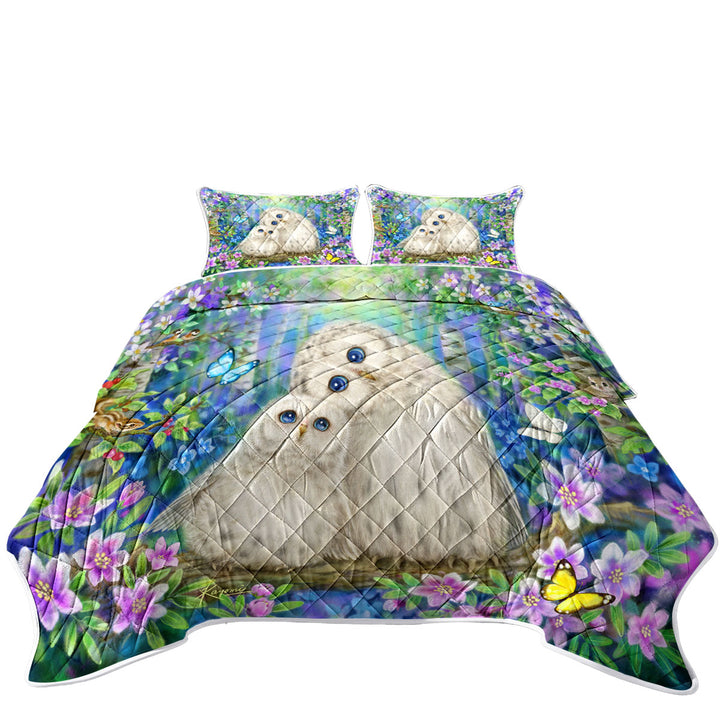 Nature Art Morning Breeze Flowers and Owls King Quilt