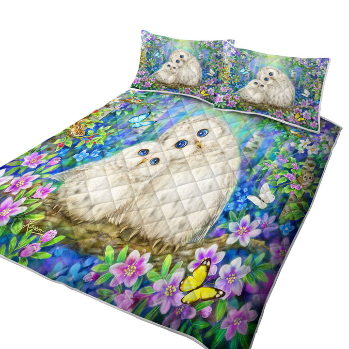 Nature Art Morning Breeze Flowers and Owls Quilts for sale