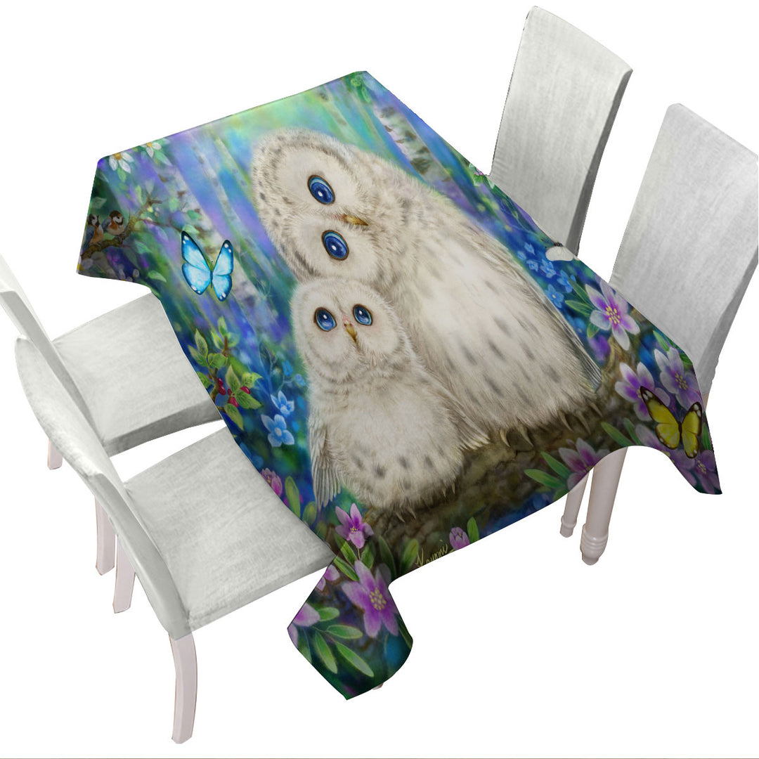 Nature Art Morning Breeze Flowers and Owls Tablecloth