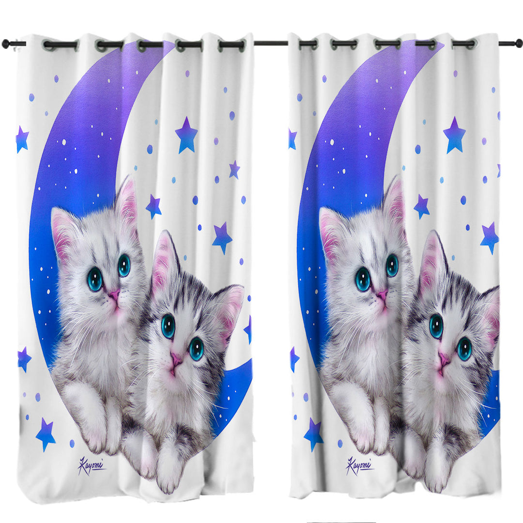 Night Moon and Stars Sweet Grey Kittens Drapes and Curtains