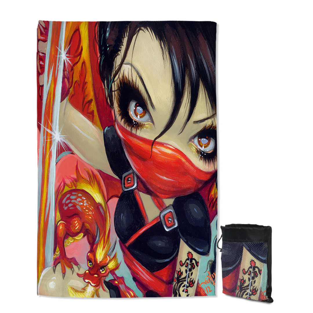 Ninja Quick Dry Beach Towel Faces of Faery _185 Ninja Girl and Fire Dragon