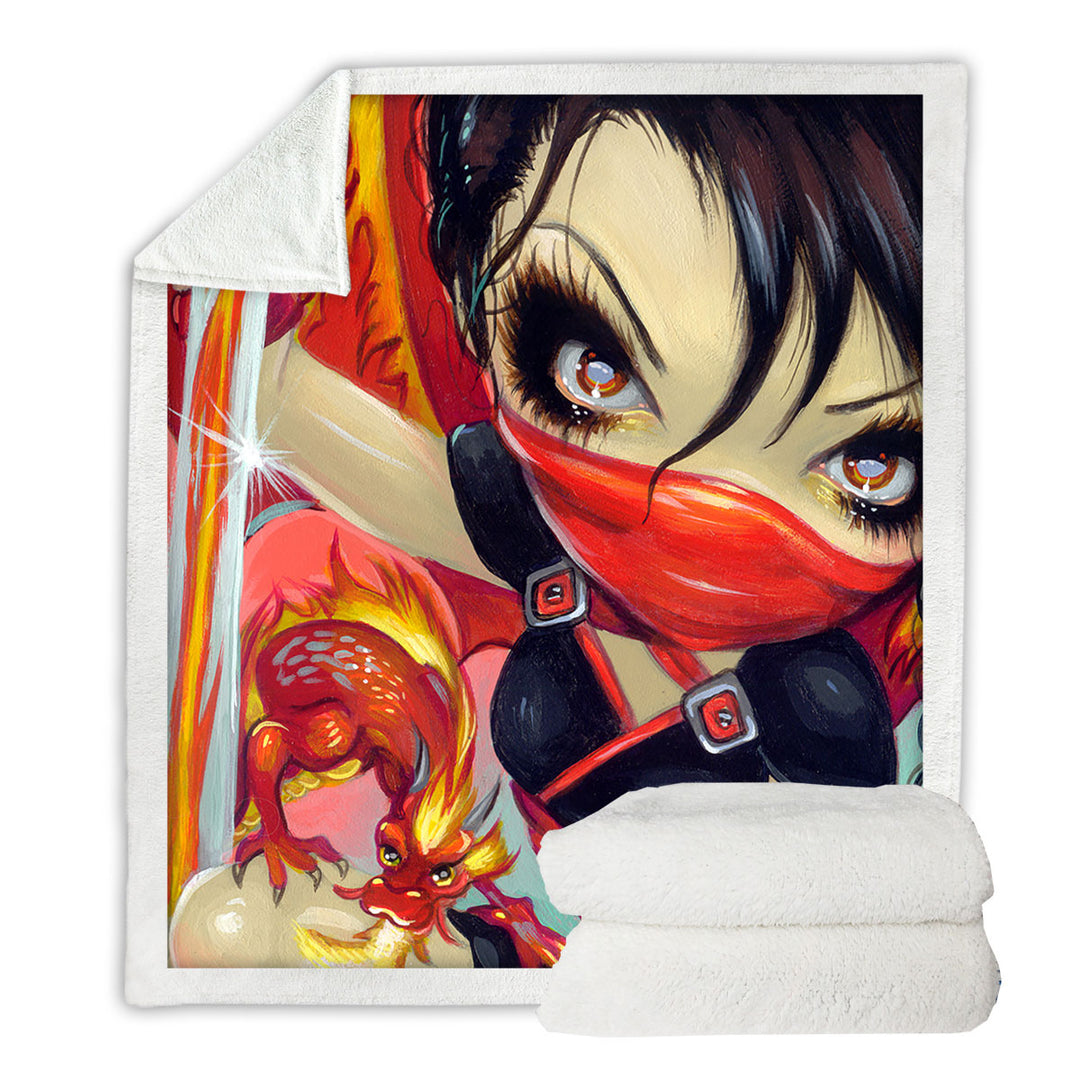 Ninja Throw Blanket Faces of Faery _185 Ninja Girl and Fire Dragon