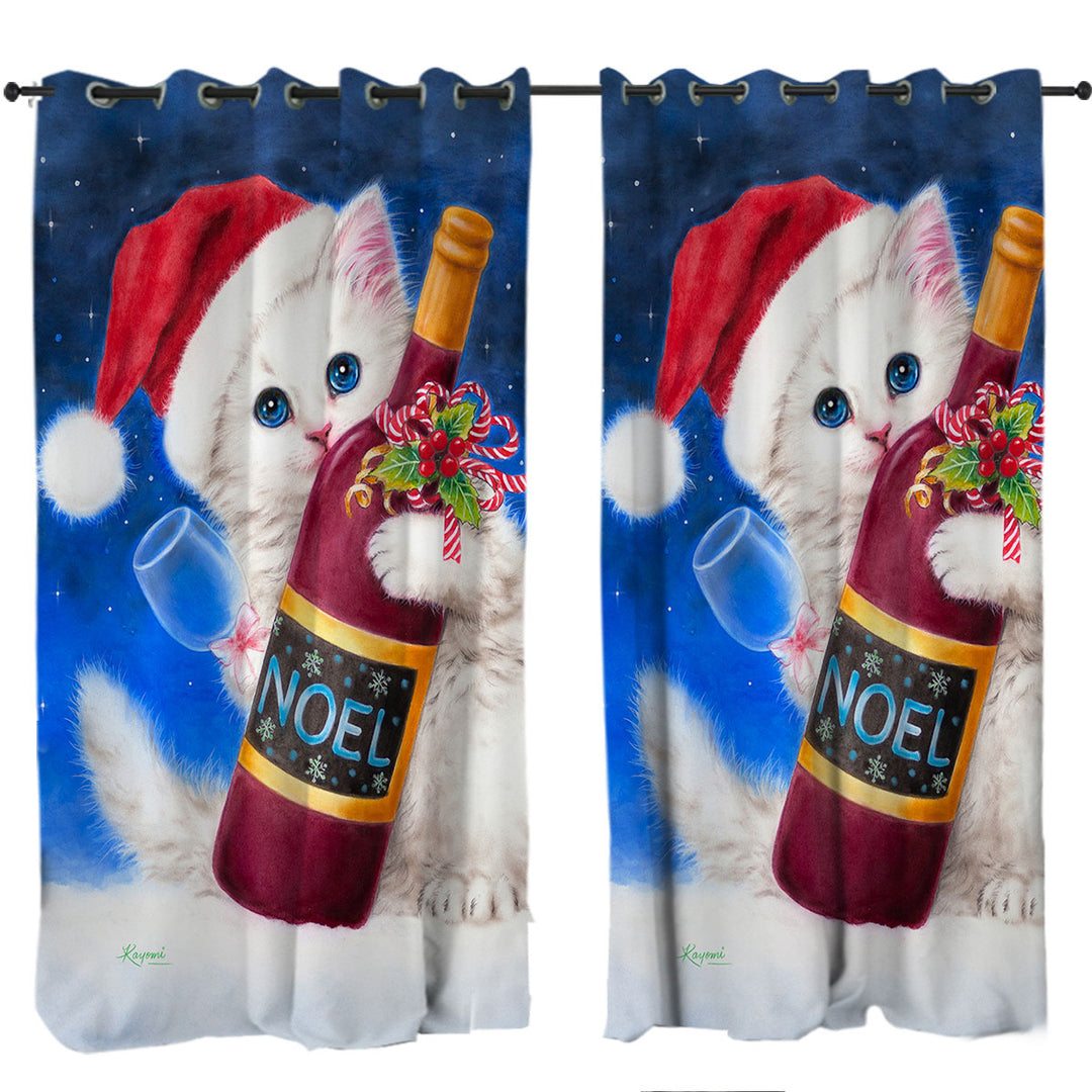 Noel Wine White Kitten Ready for Christmas Curtains for Bedroom