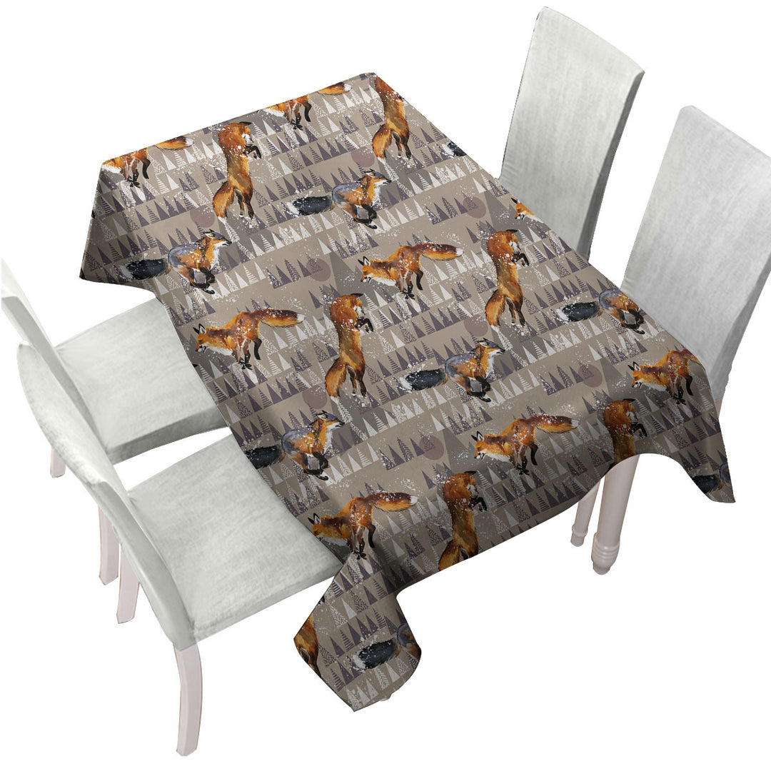 North American Trees Behind Playful Fox Table Cover