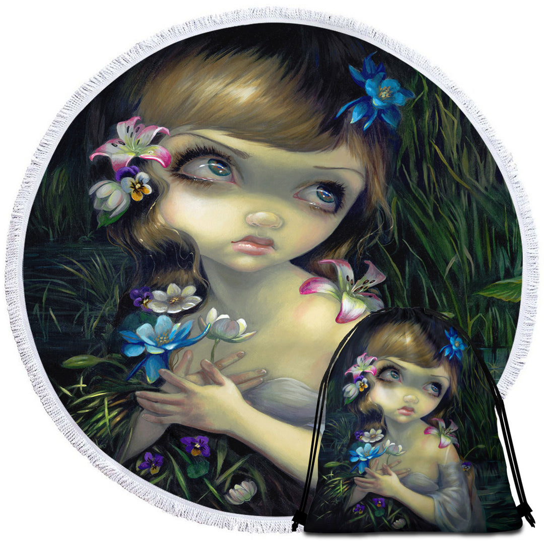 Ophelia Beautiful Girl in the Water Lilies Pond Round Beach Towel