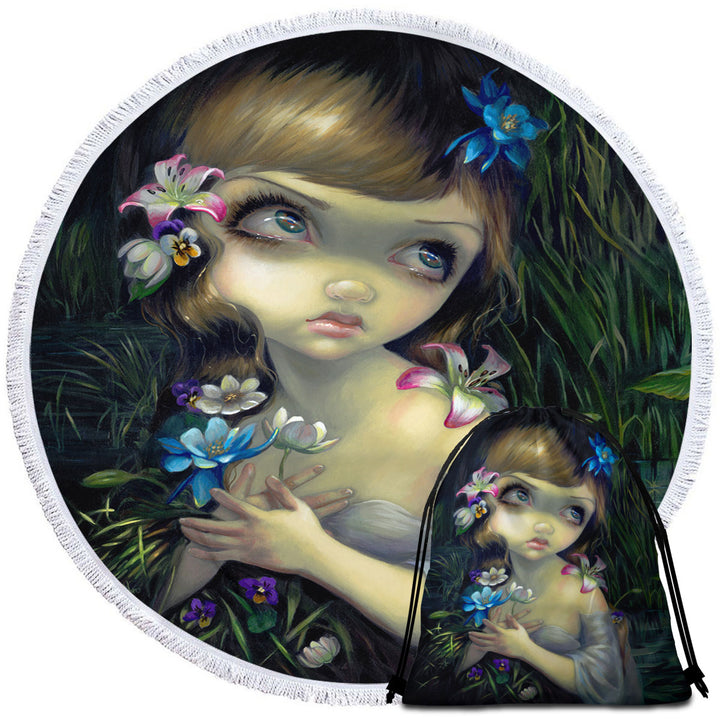 Ophelia Beautiful Girl in the Water Lilies Pond Round Beach Towel