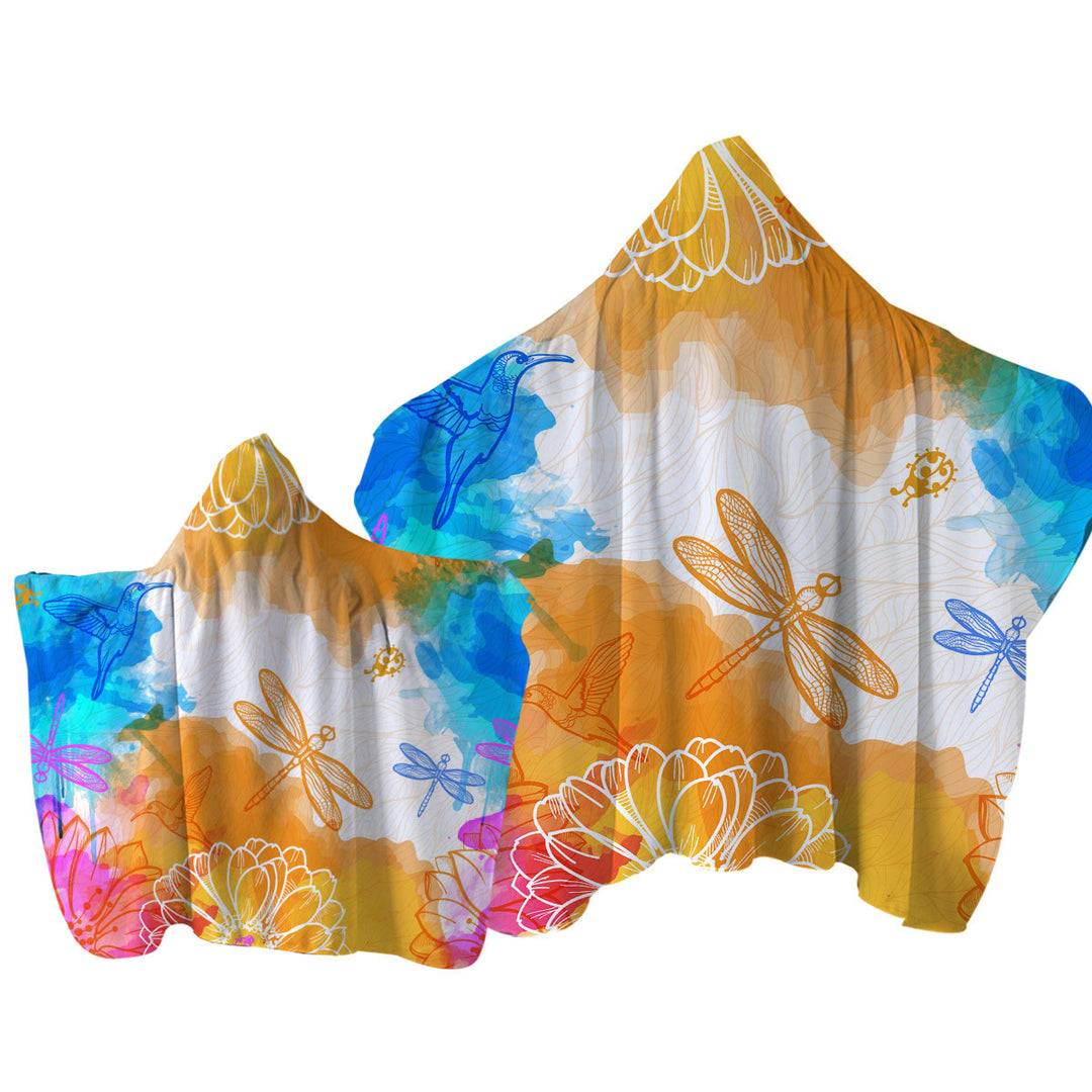 Orange Blue Dragonflies and Hummingbirds Hooded Beach Towel