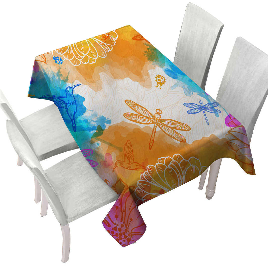 Orange Blue Dragonflies and Hummingbirds Tablecloth