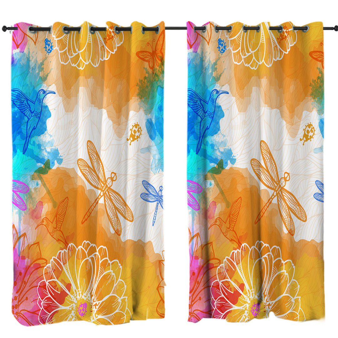 Orange Blue Dragonflies and Hummingbirds Window Curtains
