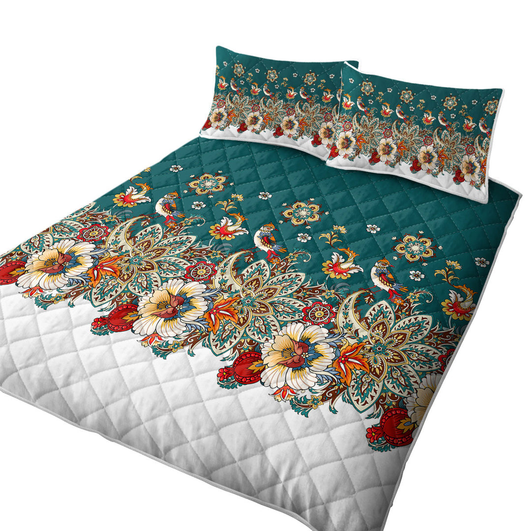 Oriental Art Birds Flowers and Floral Mandalas King Size Quilt Sets