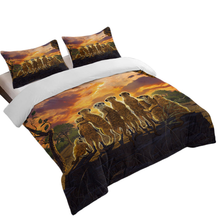 Oversized King Duvet Cover with Animals Art Sunset Meerkats Suricate