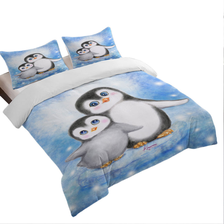 Oversized King Duvet Cover with Cute Animal Art Drawings Penguins Side by Side