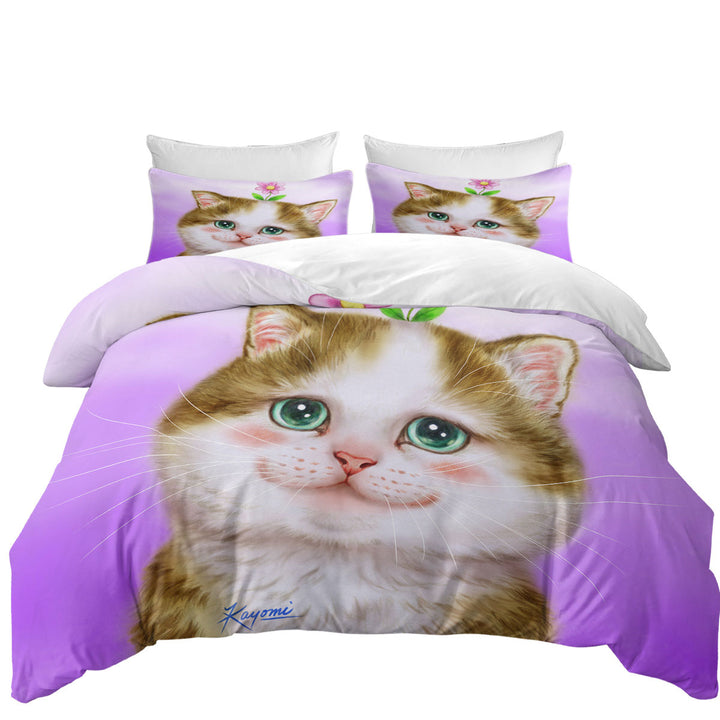 Oversized King Duvet Cover with Cute Cats Prints Blushing Sweet Flower Kitten