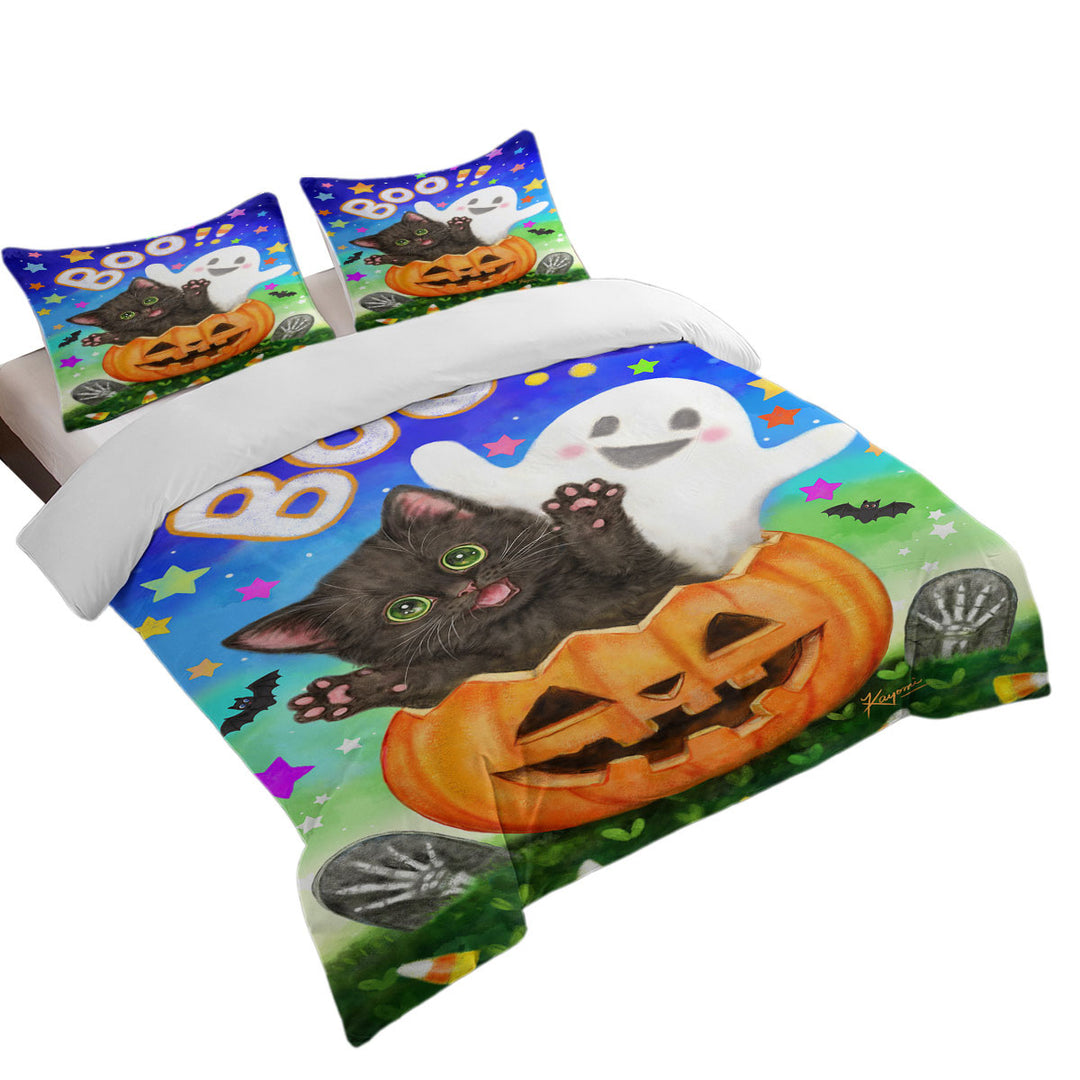 Oversized King Duvet Cover with Cute Halloween Design Pumpkin Ghost and Cat