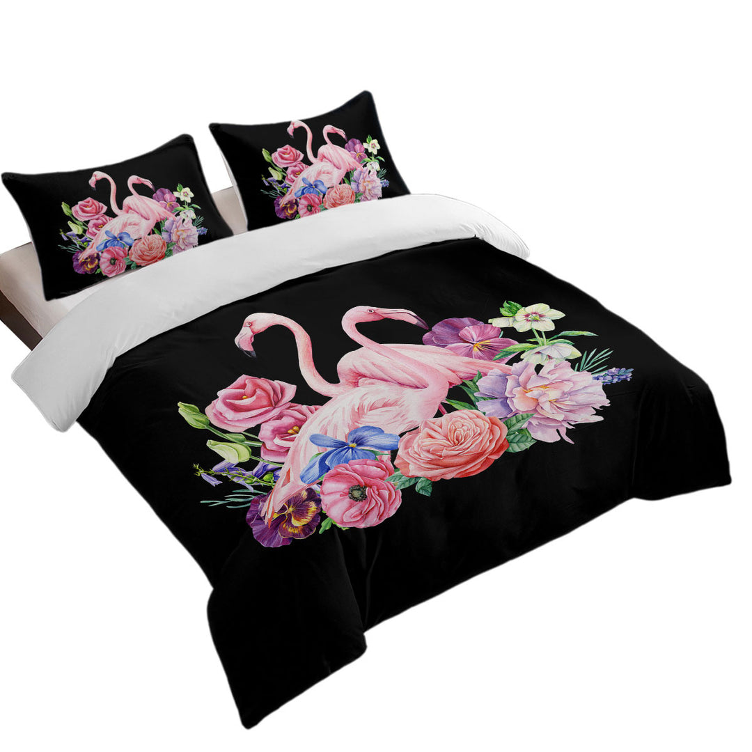 Oversized King Duvet Cover with Flamingos and Flowers over Black