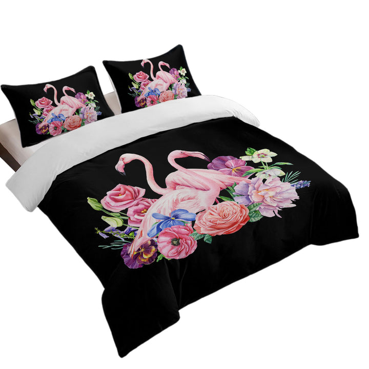 Oversized King Duvet Cover with Flamingos and Flowers over Black