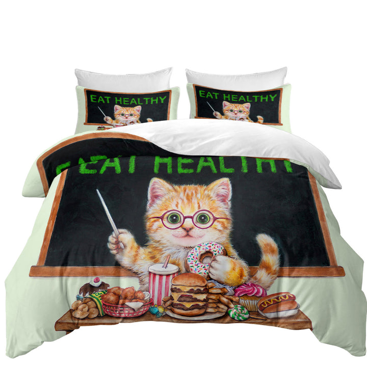 Oversized King Duvet Cover with Funny Cute Cats Fast Food Teacher Kitten