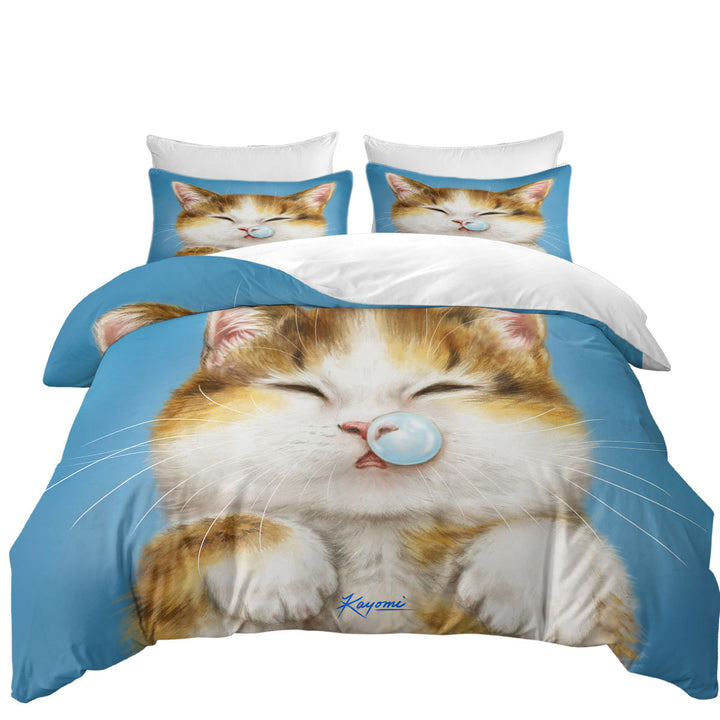Oversized King Duvet Cover with Funny Drawings for Kids Cute Sleepy Kitty Cat