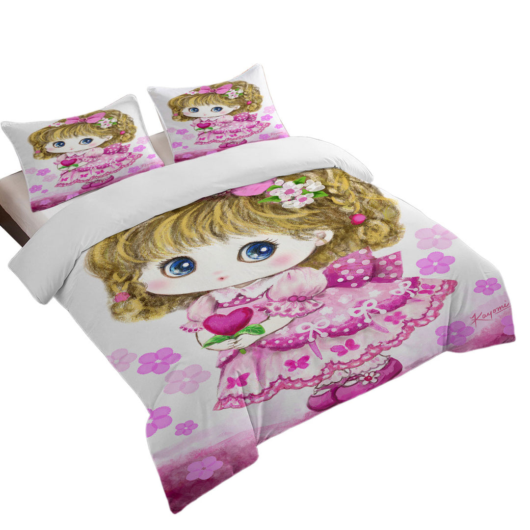 Oversized King Duvet Cover with Kids Drawings Pink Girl Heart and Flowers