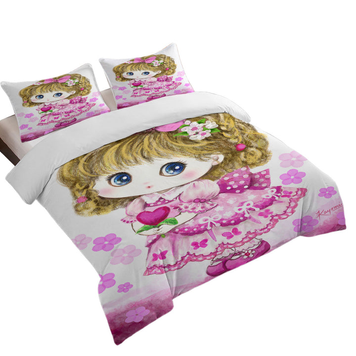 Oversized King Duvet Cover with Kids Drawings Pink Girl Heart and Flowers