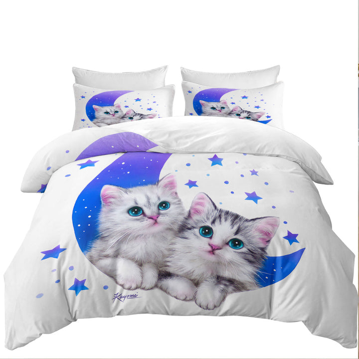 Oversized King Duvet Cover with Night Moon and Stars Sweet Grey Kittens