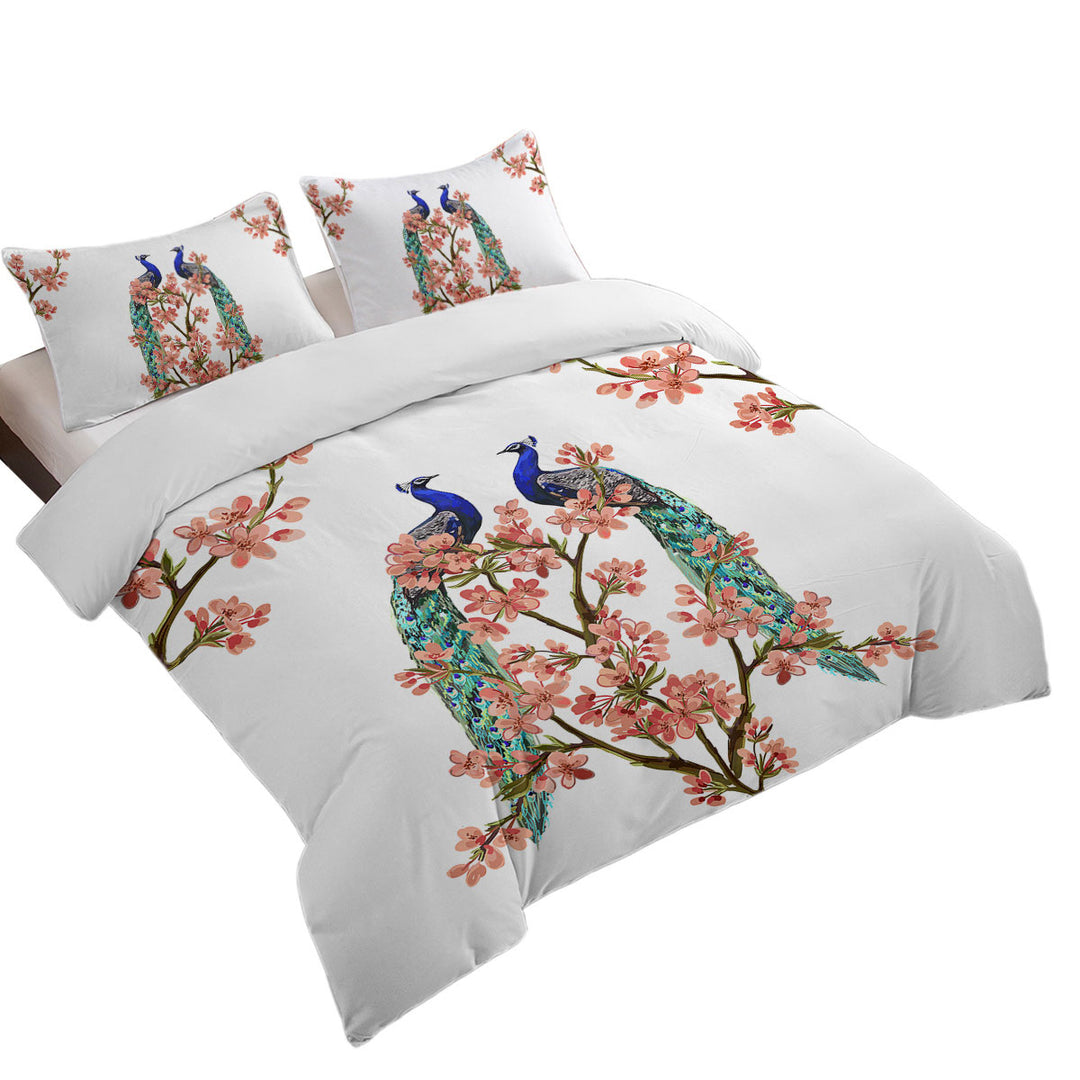 Oversized King Duvet Cover with Peacocks and Pink Flowers