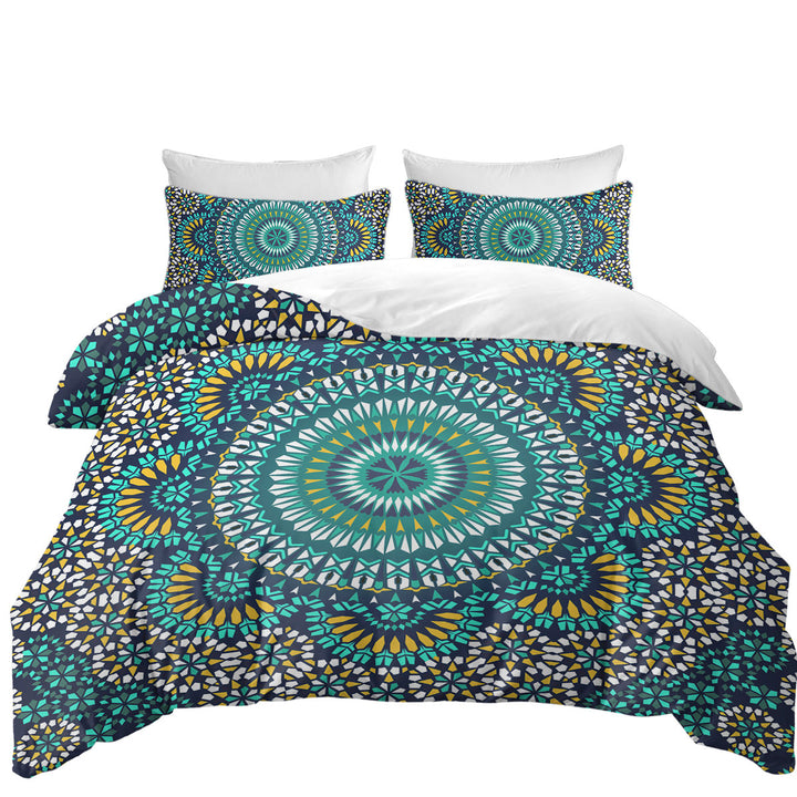 Oversized King Duvet Cover with Turquoise White and Yellow Mandala
