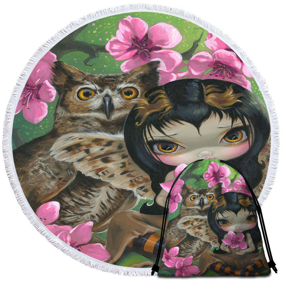 Owl Fairy Owlyn in the Springtime Cherry Blossom Girls Beach Towels
