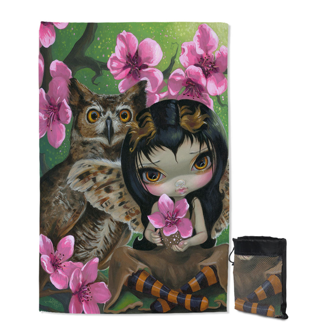 Owl Fairy Owlyn in the Springtime Cherry Blossom Swims Towel