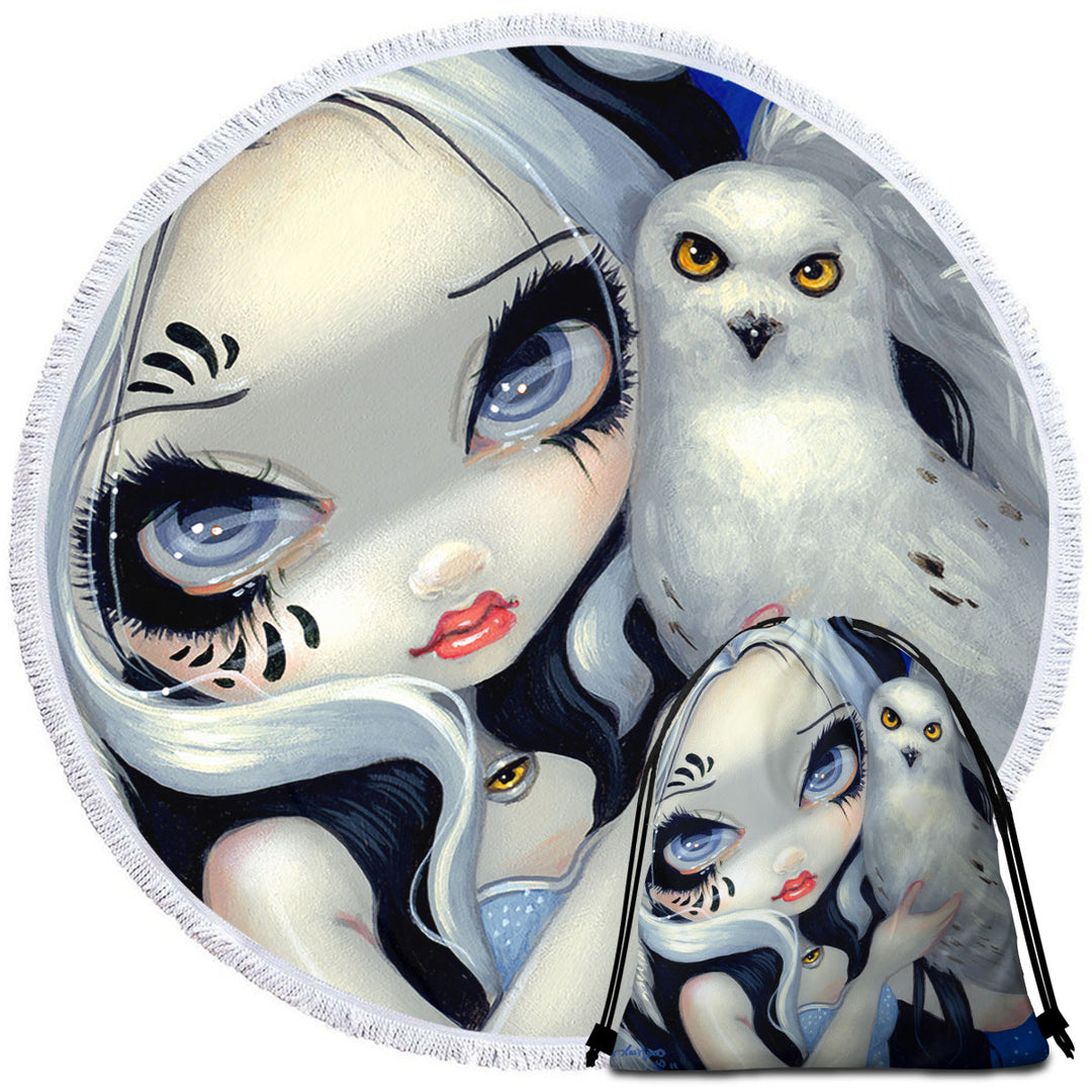 Owl Travel Beach Towel Faces of Faery _149 Goth Girl with Her White Owl