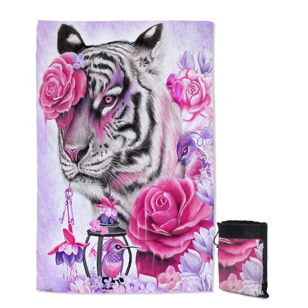 Painted Beach Towel with Hummingbirds and Fuchsia Tiger