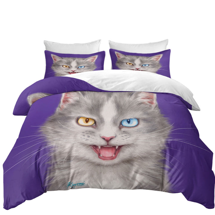 Painted Cats Heterochromia Eyes Grey Cat King Quilt Cover