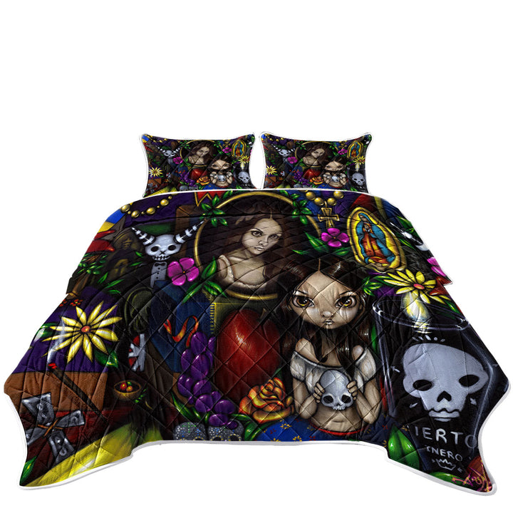 Painted Dia de los Muertos the Day of the Dead Twin Quilt