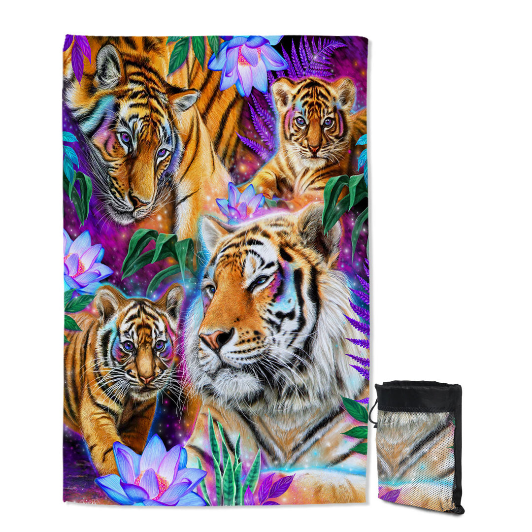 Painted Lightweight Beach Towel for Travel Tropical Flowers and Day Dream Tigers