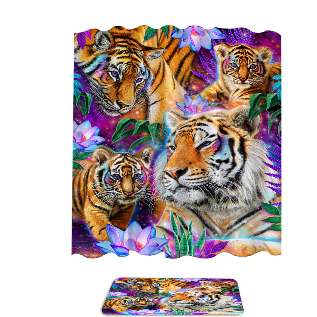 Painted Shower Curtains Tropical Flowers and Day Dream Tigers