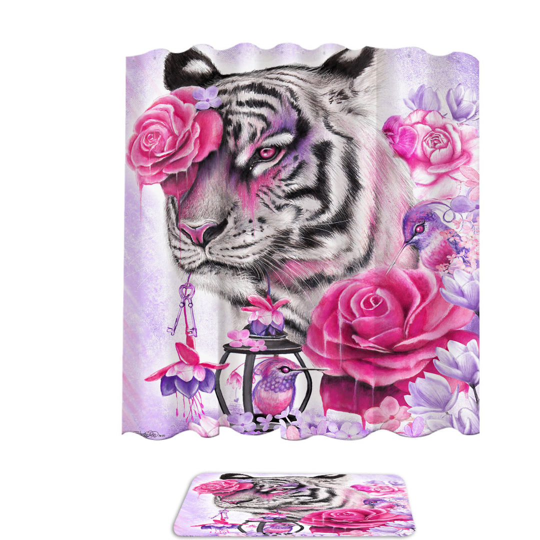 Painted Shower Curtains with Hummingbirds and Fuchsia Tiger