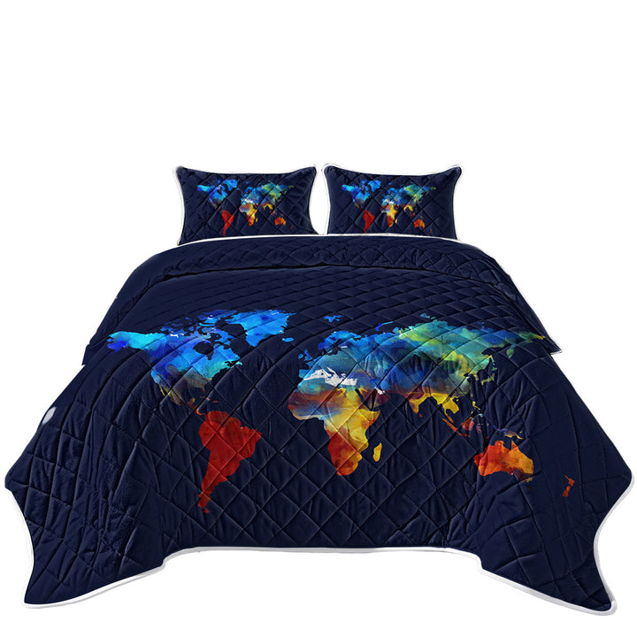 Painted World Map Blue to Red California King Quilt Sets