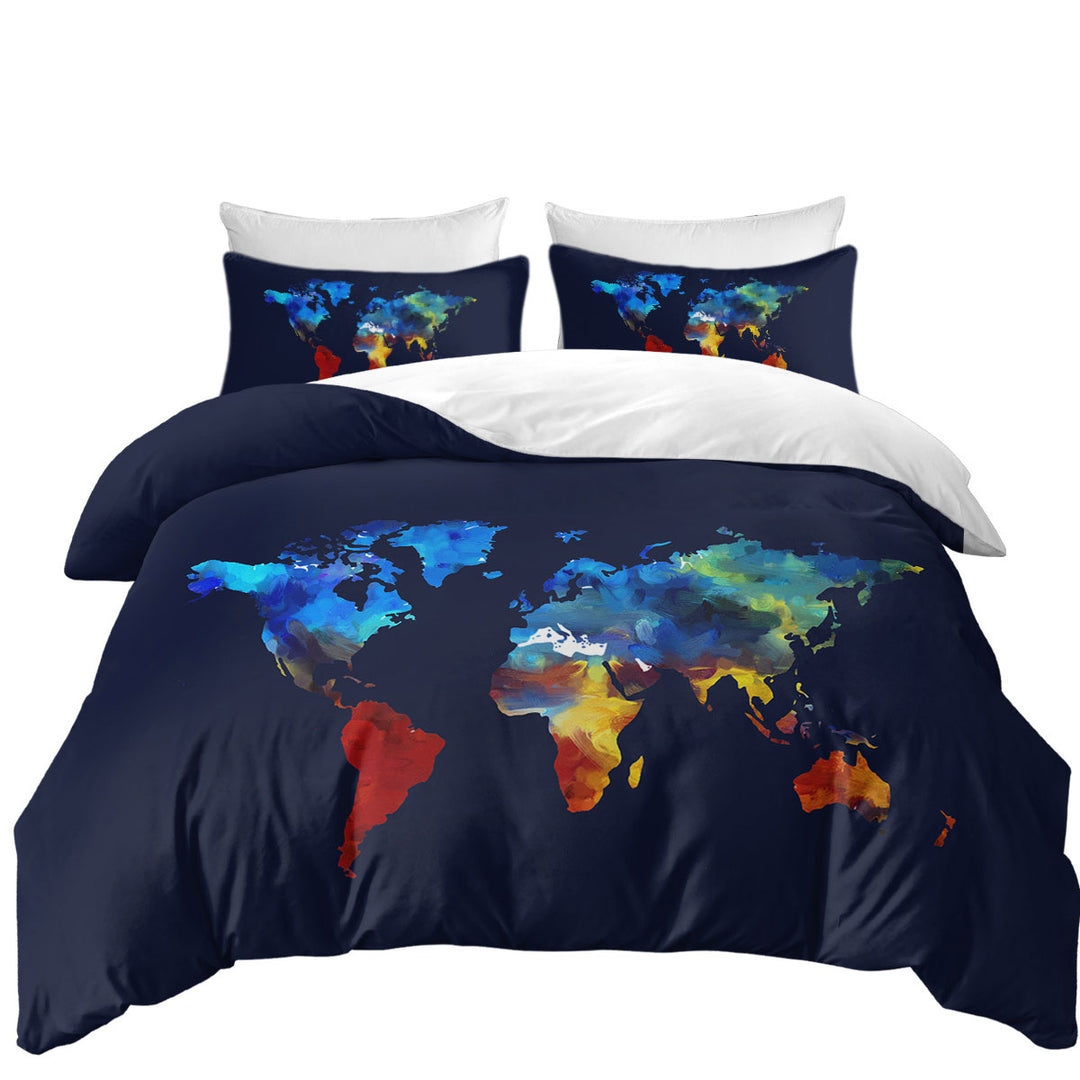 Painted World Map Blue to Red Coverlet