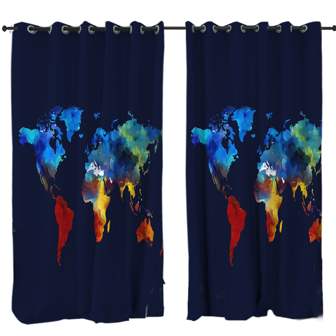 Painted World Map Blue to Red Curtains for Living Room