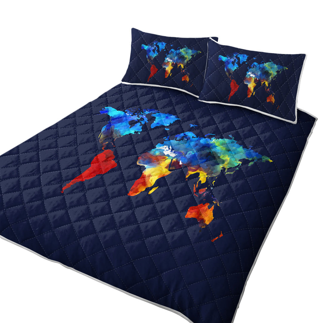 Painted World Map Blue to Red King Size Quilt Sets