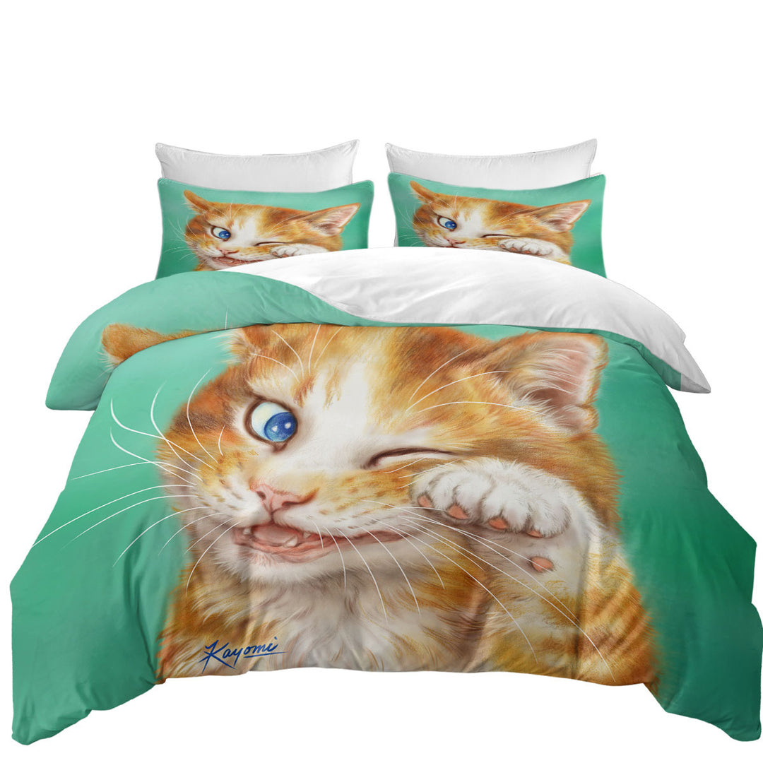 Paintings of Cute Ginger Cat over Green California King Duvet Cover