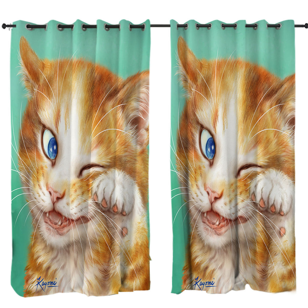 Paintings of Cute Ginger Cat over Green Curtains for Bedroom